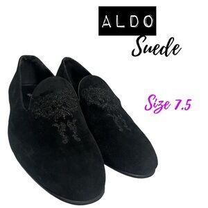 ALDO Black Suede Embroidered Loafer Mules Women's Size 7.5 Dress Shoes